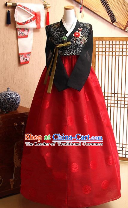 Top Grade Korean Hanbok Traditional Bride Black Blouse and Red Dress Fashion Apparel Costumes for Women