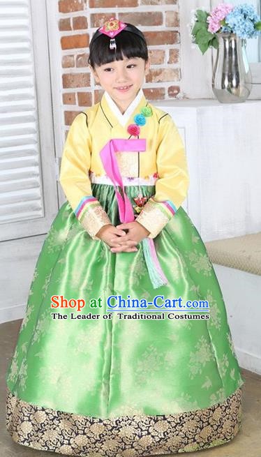 Top Grade Korean Hanbok Traditional Yellow Blouse and Green Dress Fashion Apparel Costumes for Kids