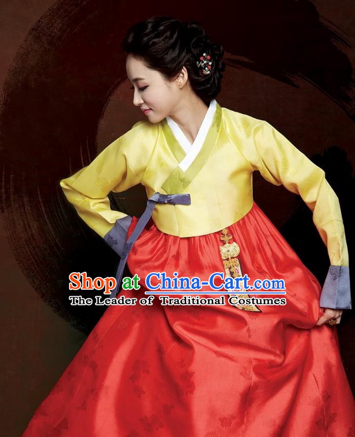 Top Grade Korean Hanbok Traditional Yellow Blouse and Red Dress Fashion Apparel Costumes for Women