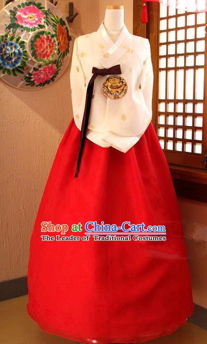 Top Grade Korean Palace Hanbok Traditional Empress Beige Blouse and Red Dress Fashion Apparel Costumes for Women