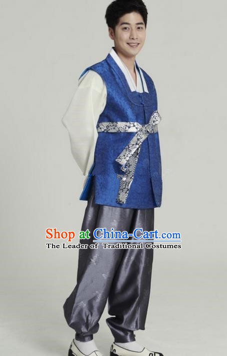 Asian Korean Traditional Costumes Ancient Korean Hanbok Bridegroom Royalblue Vest and Grey Pants for Men