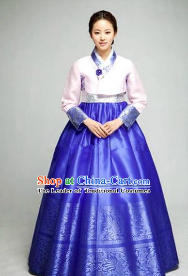 Top Grade Korean Hanbok Ancient Traditional Fashion Apparel Costumes Pink Blouse and Blue Dress for Women