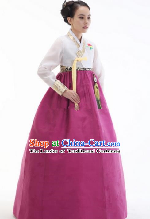 Top Grade Korean Hanbok White Blouse and Purple Dress Ancient Traditional Fashion Apparel Costumes for Women