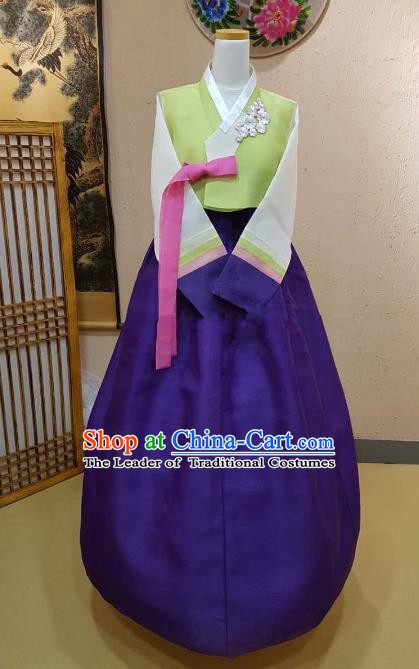 Korean Traditional Hanbok Bride Green Blouse and Purple Dress Ancient Formal Occasions Fashion Apparel Costumes for Women