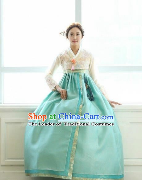 Korean Traditional Hanbok Bride White Lace Blouse and Green Dress Ancient Formal Occasions Fashion Apparel Costumes for Women