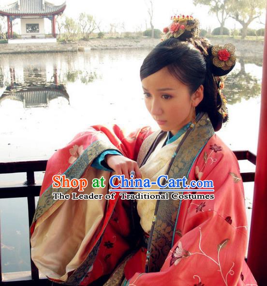 Chinese Ancient Song Dynasty Imperial Concubine Pang of Zhao Zhen Tailing Embroidered Dress Replica Costume for Women