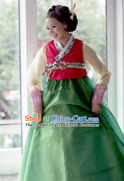 Korean Traditional Bride Hanbok Rosy Blouse and Green Embroidered Dress Ancient Formal Occasions Fashion Apparel Costumes for Women