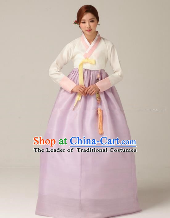 Korean Traditional Bride Hanbok White Blouse and Lilac Embroidered Dress Ancient Formal Occasions Fashion Apparel Costumes for Women