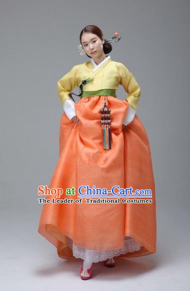 Korean Traditional Bride Hanbok Yellow Blouse and Orange Dress Ancient Formal Occasions Fashion Apparel Costumes for Women
