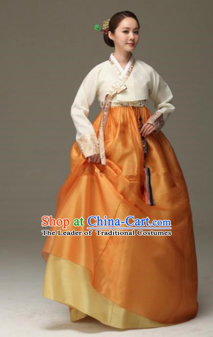 Korean Traditional Bride Hanbok White Blouse and Orange Dress Ancient Formal Occasions Fashion Apparel Costumes for Women