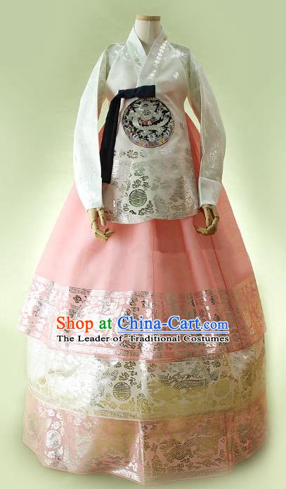 Korean Traditional Bride Hanbok Formal Occasions White Satin Blouse and Pink Dress Ancient Fashion Apparel Costumes for Women