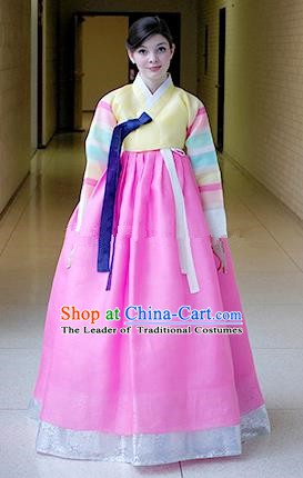 Korean Traditional Bride Hanbok Formal Occasions Yellow Blouse and Pink Dress Ancient Fashion Apparel Costumes for Women