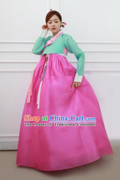 Korean Traditional Bride Hanbok Formal Occasions Green Blouse and Rosy Dress Ancient Fashion Apparel Costumes for Women
