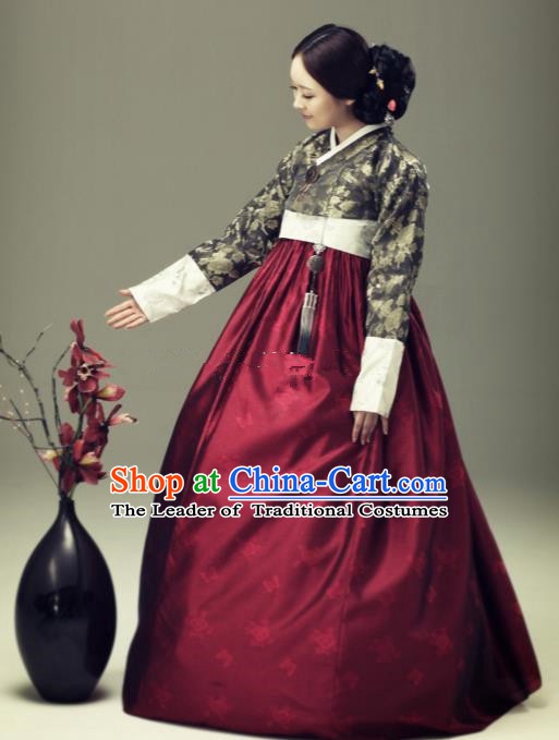Korean Traditional Bride Tang Garment Hanbok Formal Occasions Brown Blouse and Wine Red Dress Ancient Costumes for Women