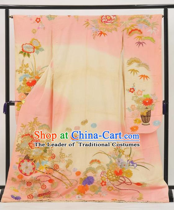 Japan Ancient Pink Furisode Kimonos Traditional Palace Yukata Dress Formal Costume for Women