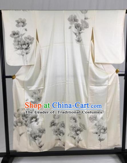 Japan Traditional White Silk Kimono Formal Costume Palace Furisode Kimonos Ancient Yukata Dress for Women