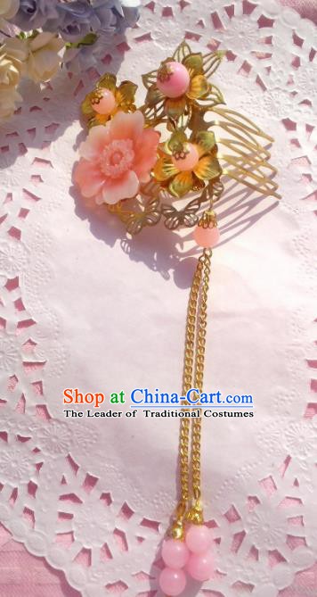 Chinese Ancient Princess Hair Accessories Pink Flowers Tassel Hair Comb Hairpins for Women