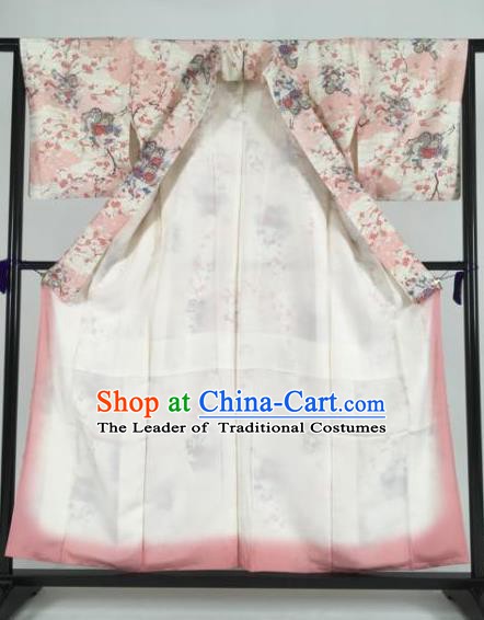 Japan Traditional Kimonos Printing Flowers Pink Palace Furisode Kimono Ancient Yukata Dress Formal Costume for Women