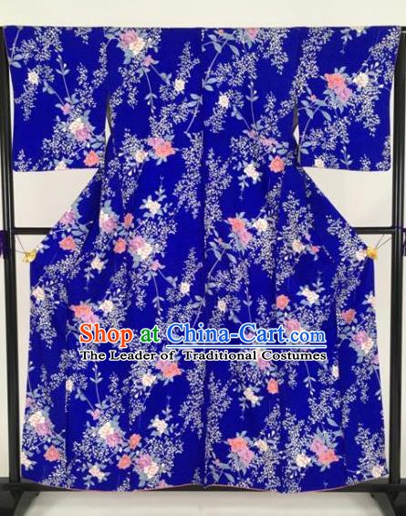 Japan Traditional Kimonos Printing Flowers Blue Furisode Kimono Ancient Yukata Dress Formal Costume for Women