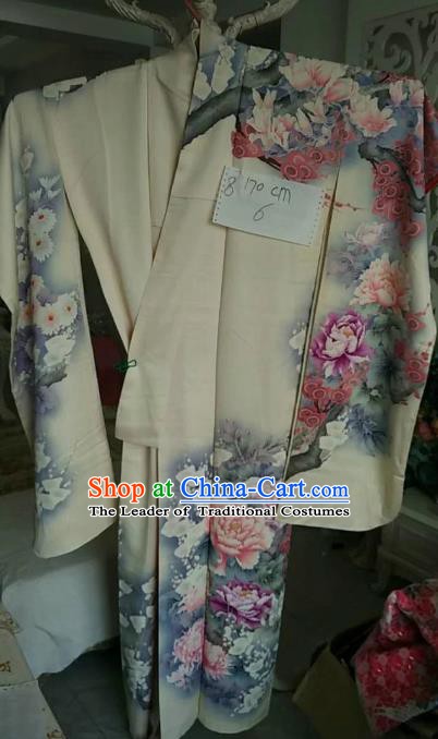 Ancient Japanese Palace Furisode Kimonos Traditional Printing Peony Yukata Dress Formal Costume for Women
