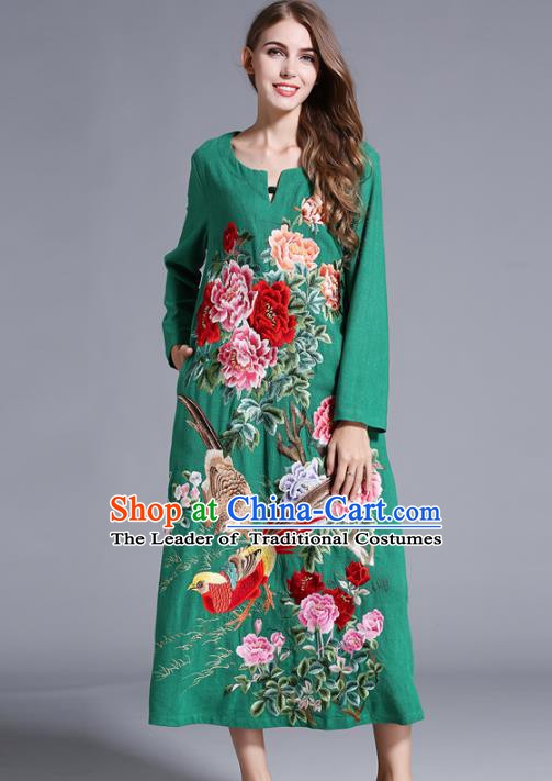 Chinese National Costume Orphrey Embroidered Green Cheongsam Qipao Dress for Women