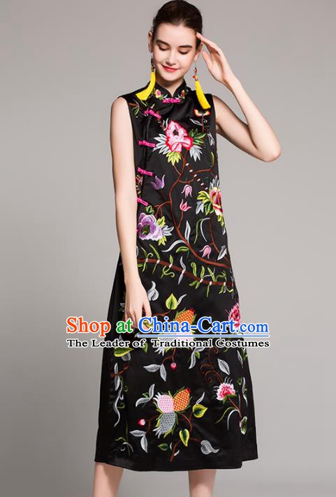 Chinese National Costume Embroidered Black Qipao Dress Sleeveless Cheongsam for Women