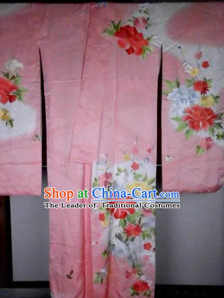 Ancient Japanese Palace Printing Pink Furisode Kimonos Traditional Yukata Dress Formal Costume for Women