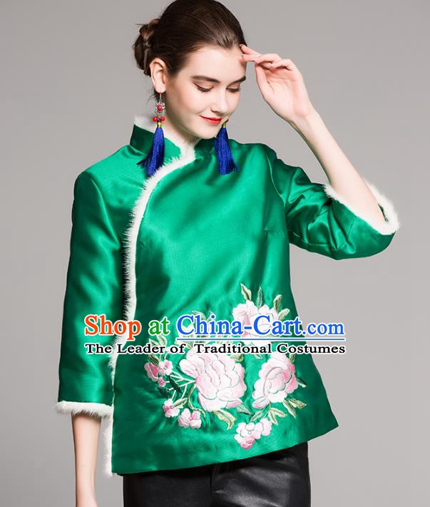 Chinese National Costume Traditional Embroidered Green Blouse Silk Cotton-padded Coat for Women