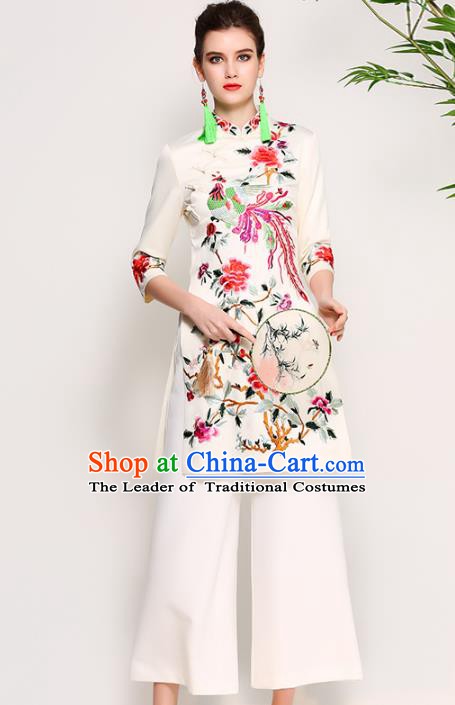 Chinese National Costume Embroidered Phoenix Peony White Qipao Dress Cheongsam for Women