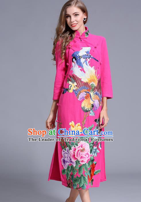 Chinese National Costume Stand Collar Pink Cheongsam Embroidered Peony Qipao Dress for Women