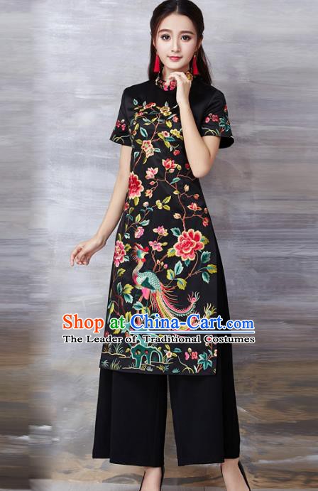 Chinese National Costume Black Cheongsam Embroidered Peony Stand Collar Qipao Dress for Women