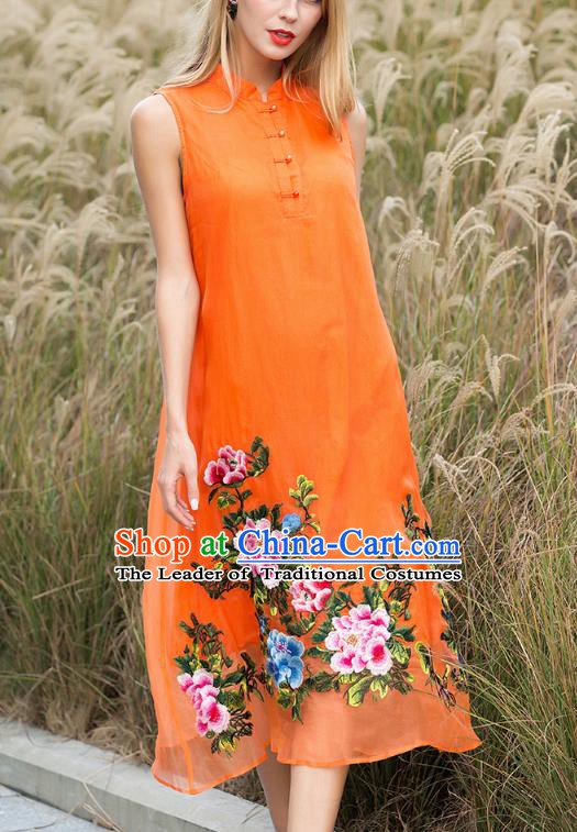 Chinese National Costume Orange Silk Cheongsam Embroidered Peony Qipao Dress for Women