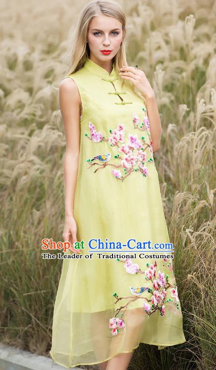 Chinese National Costume Yellow Silk Cheongsam Embroidered Peach Blossom Qipao Dress for Women