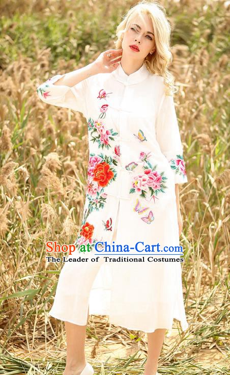 Chinese National Costume White Cardigan Cheongsam Embroidered Peony Qipao Dress for Women