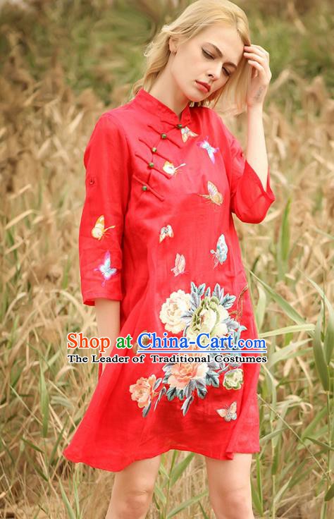 Chinese National Costume Red Cheongsam Embroidered Peony Butterfly Qipao Dress for Women