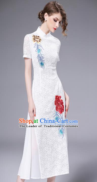 Chinese National Costume White Lace Cheongsam Embroidered Qipao Dress for Women