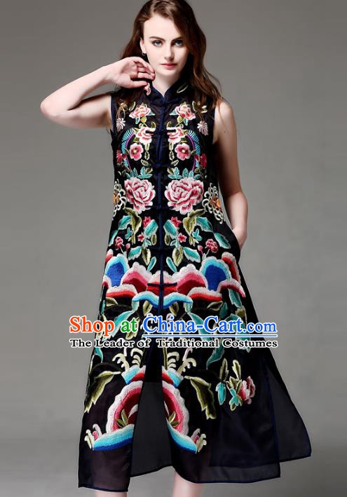 Chinese National Costume Black Sleeveless Cheongsam Embroidered Peony Qipao Dress for Women