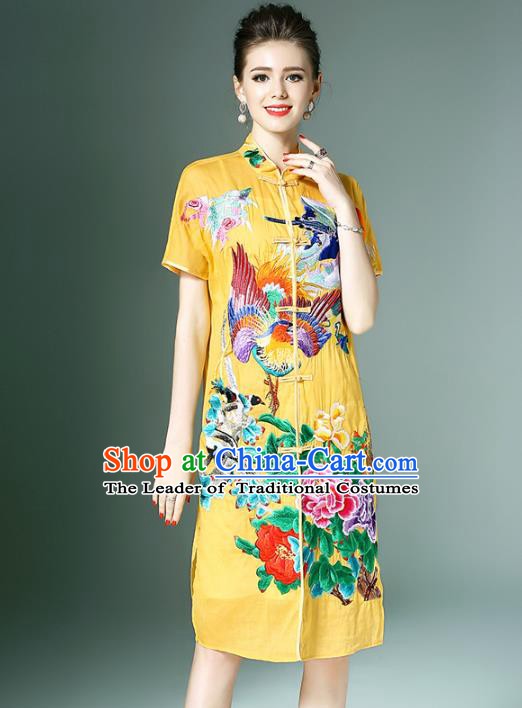 Chinese National Costume Yellow Embroidered Peony Cheongsam Qipao Dress for Women