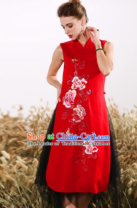 Chinese National Costume Embroidered Peony Red Cheongsam Vintage Veil Qipao Dress for Women