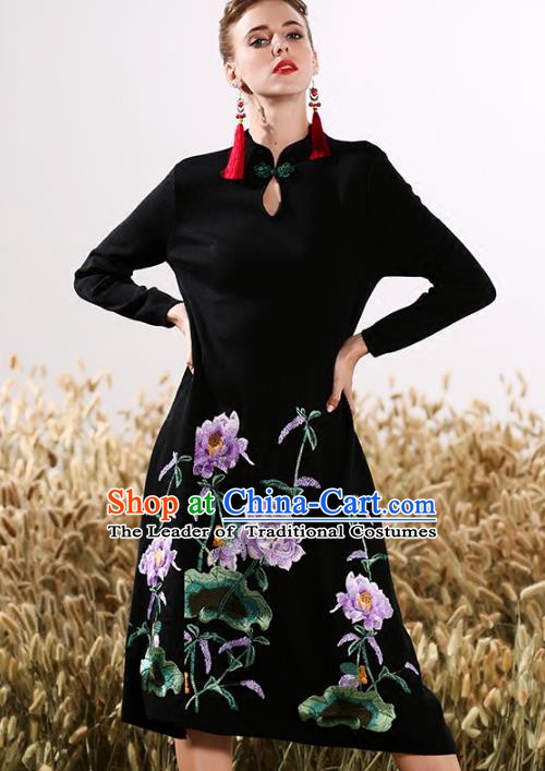 Chinese National Costume Embroidered Peony Cheongsam Black Wool Qipao Dress for Women