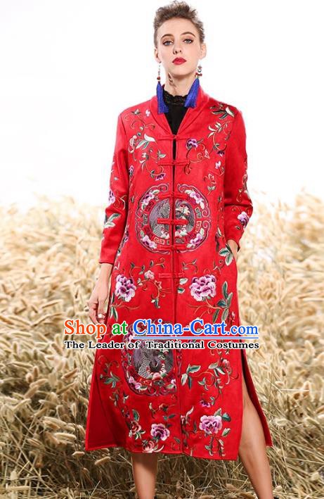 Chinese National Costume Plated Buttons Coats Traditional Embroidered Red Dust Coat for Women