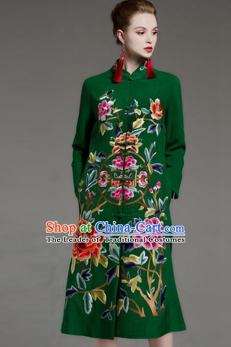 Chinese National Costume Embroidered Peony Coats Traditional Green Dust Coat for Women