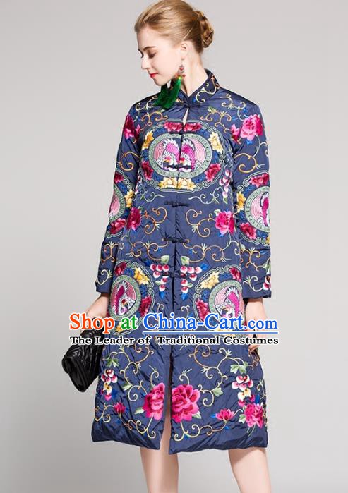 Chinese National Costume Embroidered Cotton-Padded Coats Traditional Blue Dust Coat for Women
