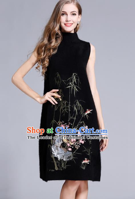 Chinese National Costume Cheongsam Embroidered Bamboo Black Dress Tang Suit Qipao for Women
