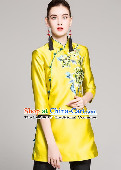 Chinese National Costume Tang Suit Shirts Traditional Embroidered Yellow Blouse for Women