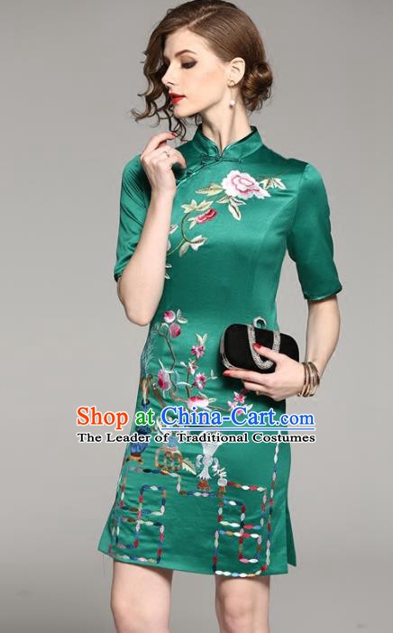 Chinese National Costume Tang Suit Silk Qipao Dress Traditional Embroidered Green Cheongsam for Women
