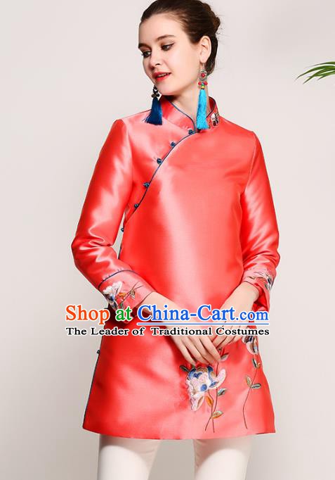 Chinese National Costume Tang Suit Red Blouse Traditional Embroidered Upper Outer Garment for Women