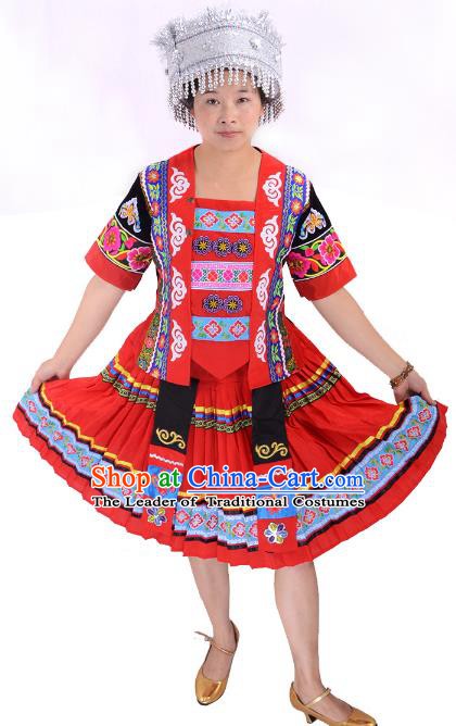 Traditional Chinese Miao Nationality Dance Costume, Chinese Minority Hmong Female Folk Dance Ethnic Pleated Skirt for Women