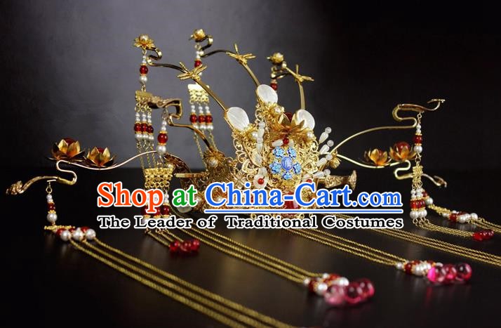 Chinese Ancient Handmade Empress Hair Accessories Tassel Phoenix Coronet Hair Fascinators Hairpins for Women