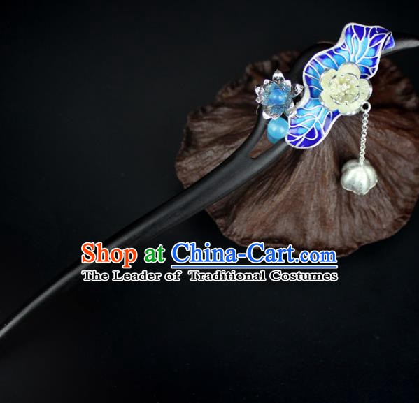 Chinese Ancient Handmade Hair Accessories Classical Ebony Hairpins Blueing Lotus Leaf Hair Clips for Women